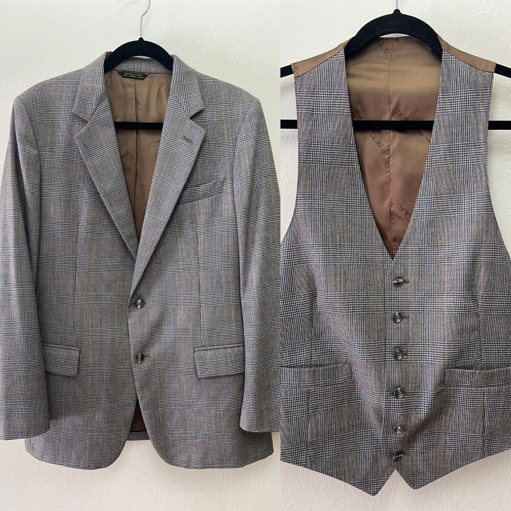 Vintage 80s Oscar de la Renta Men's 40R/Med 2-Piece Glen Plaid Vest & Blazer - Picture 16 of 16